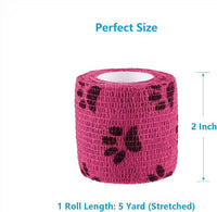 WePet Pet Wrap, Self-Adhesive, Only Sticks to Itself, Non-Woven Tape for Dog Legs, Paws, Wounds, First Aid Cohesive Gauze for Horse, Cat, Bird, Animal, 6 Rolls, 2 Inch, Pawprints B