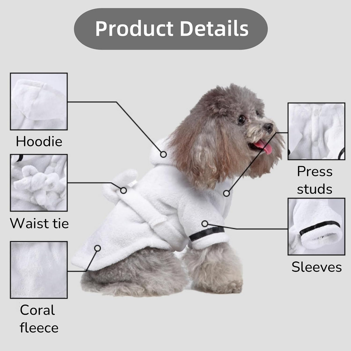 Pet Bathrobe Dog Pajama, Thickened Hooded - White / Medium - image 2