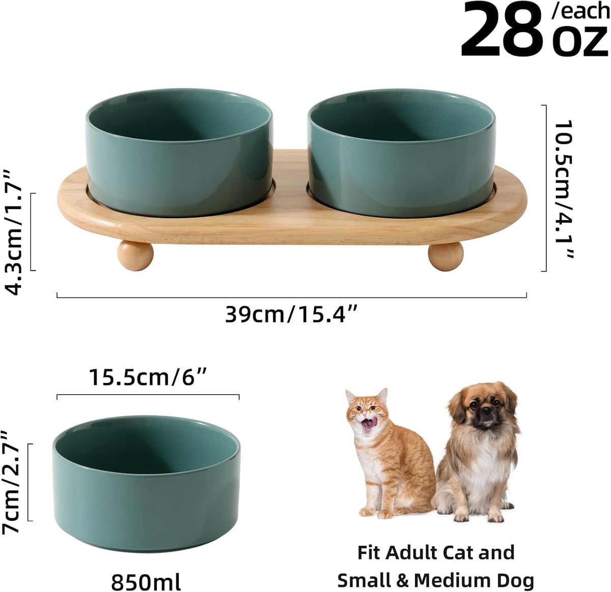 Cat Bowls Set of Two, 5.1” Ceramic Cat Food Bowls - Dark Green / 2 Bowls+Tray - 6.1" - image 3