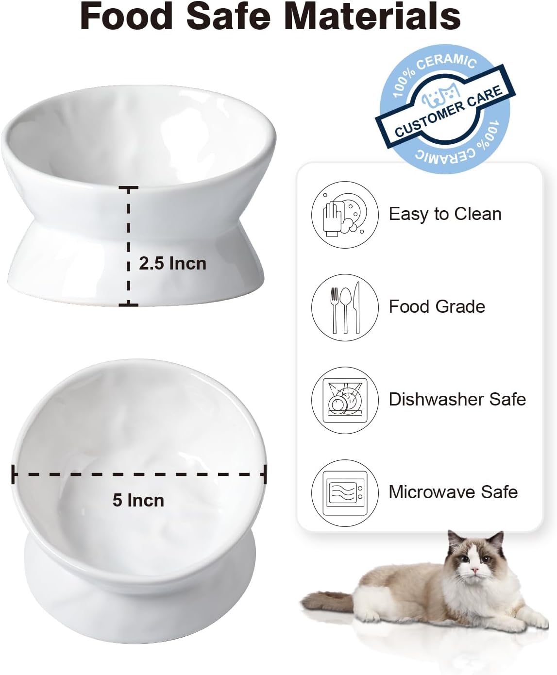 Cat Water Bowl, 15° Tilted and Raised Pet Food Dish - 2 Pack / White Cat - image 3