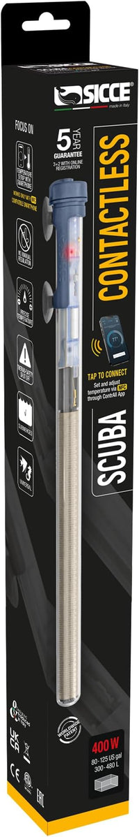 Sicce Scuba 400 Watt Aquarium Fish Tank Heater Smartphone Controlled via NFC Contactless App Adjustable | 400W Submersible for Marine Saltwater and Freshwater | Run Dry Protection