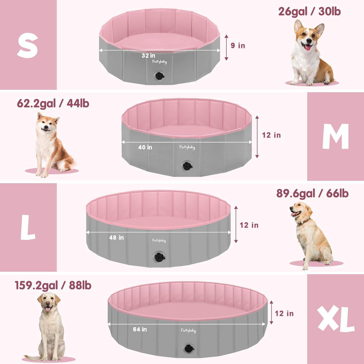 Furrybaby Foldable Dog Pool Non-Slip Hard Bath Tub Indoor Outdoor - 40*12inch / Grey,pink - image 2