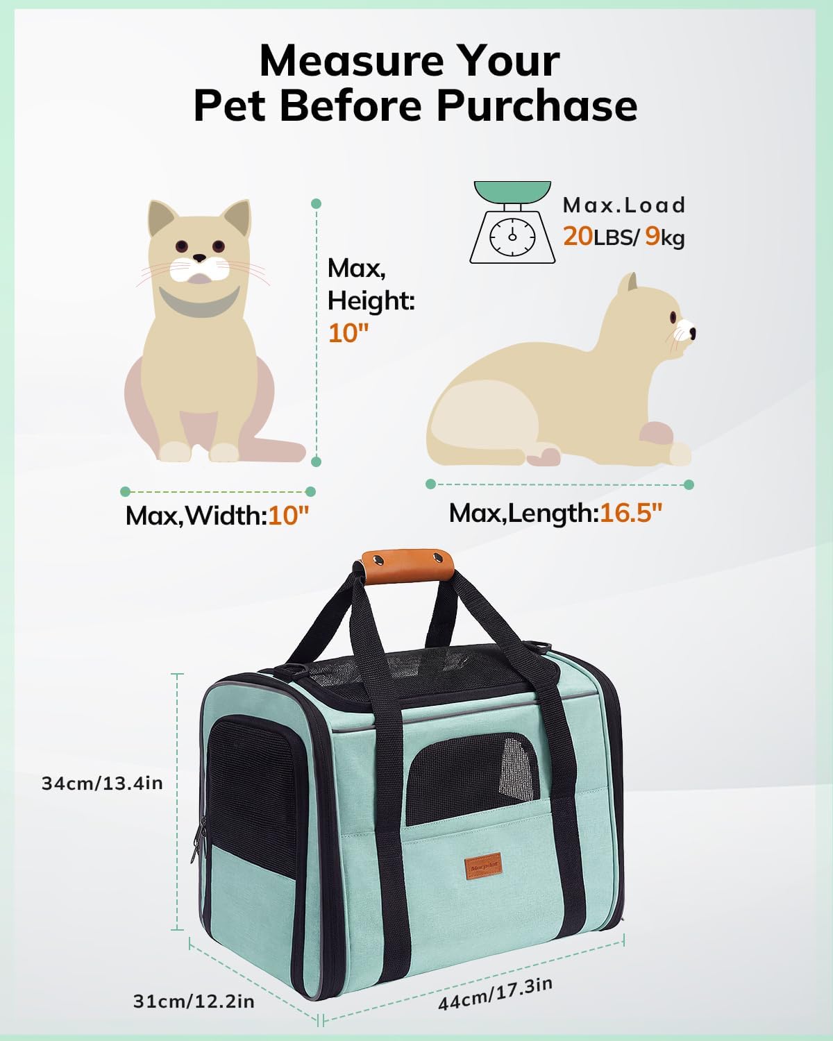 Morpilot Cat Carrier Soft for Large Medium Cats and Puppy up to – Essentials for Dogs - Green / 17.3"L x 12.2"W x 13.4"H - image 3