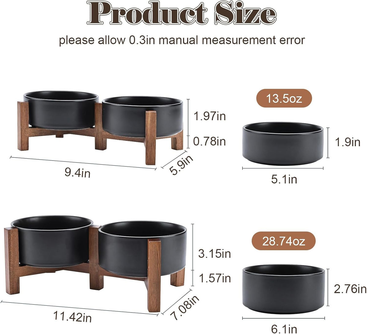 SPUNKYJUNKY Ceramic Dog Bowls with Acacia Wood Stand - 28.74 oz / Black - image 2