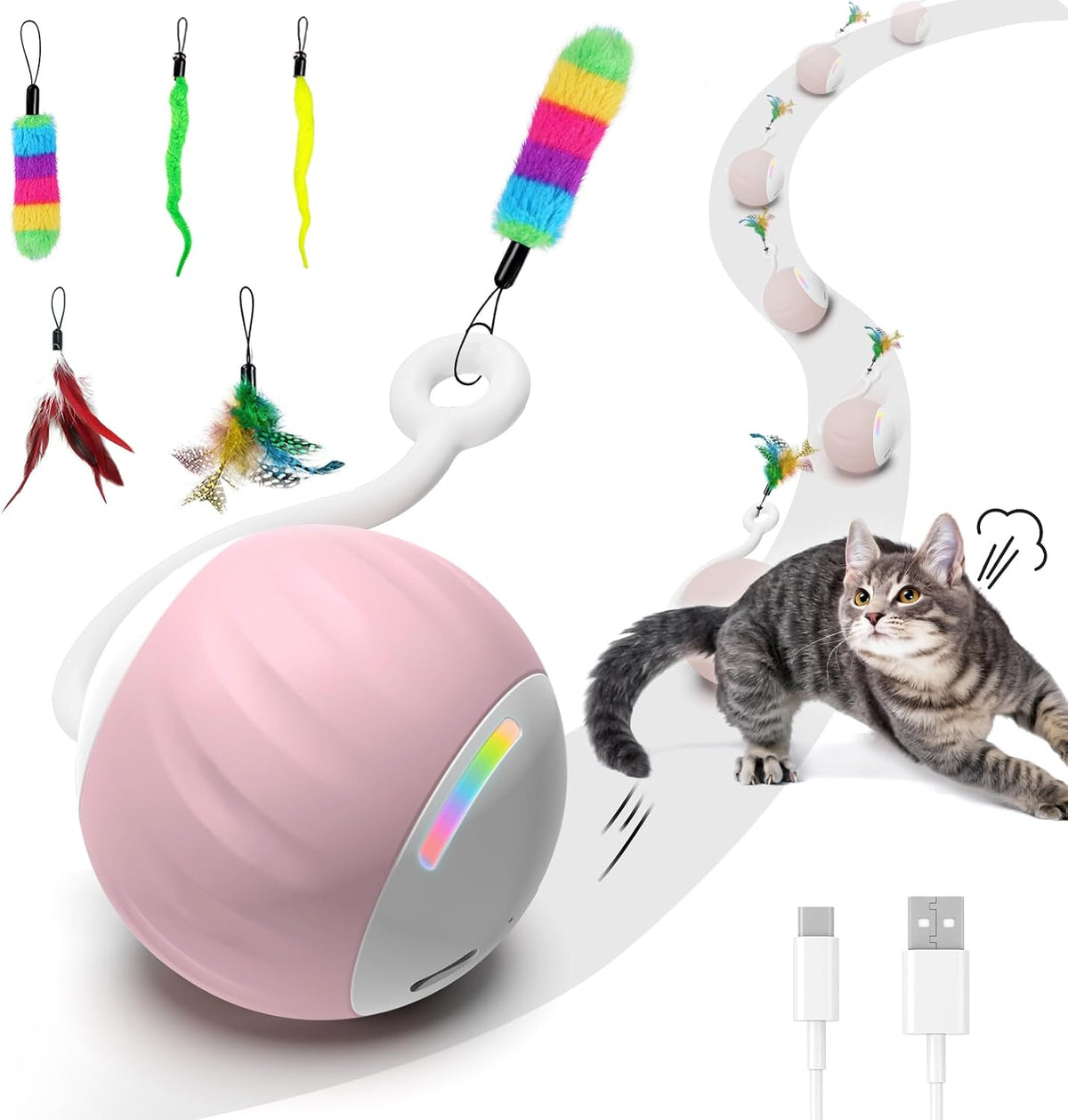 Upgraded 2.36 Inch Large Interactive Cat Toys Ball for Indoor Cats - Pink