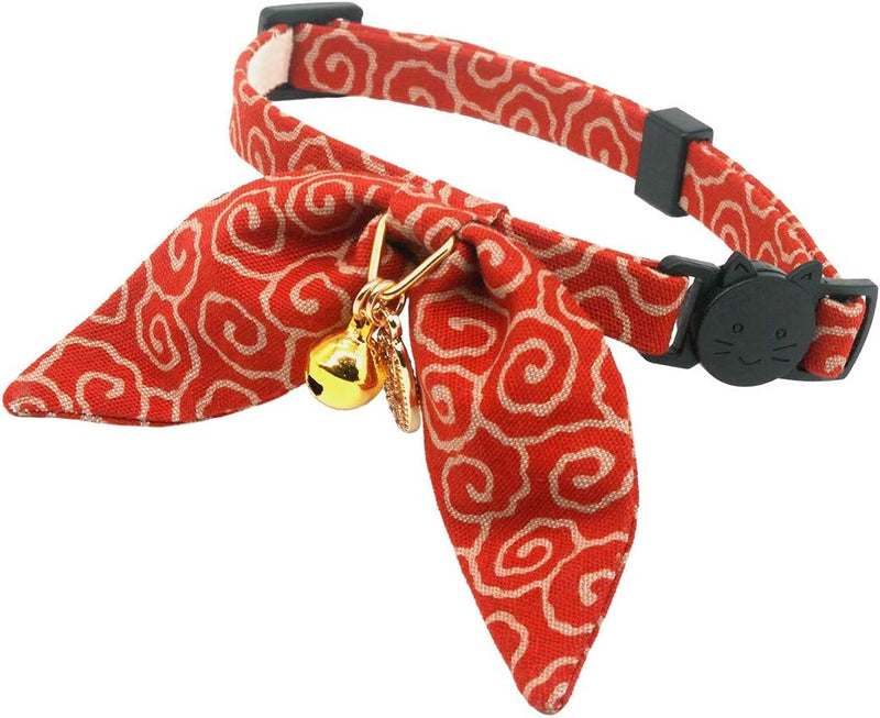 Bunny Ears Cat Collar, Japan Lucky ‘開三運’ Charm. Safety Breakaway Bowtie Kitten Collar with Bell - Standard (8-12inch,20-31cm) / Red