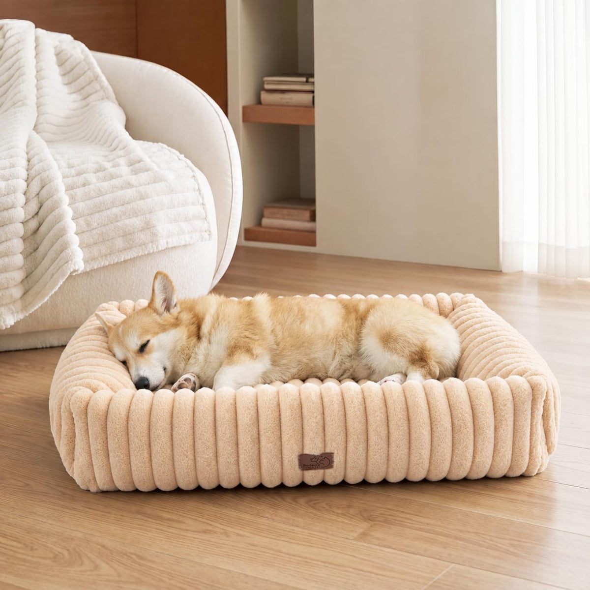 Bedsure ComfyFleece Cute Dog Bed for Small Medium Dogs Washable - M Pro(33" x25.5" x8") / Sandy Beige