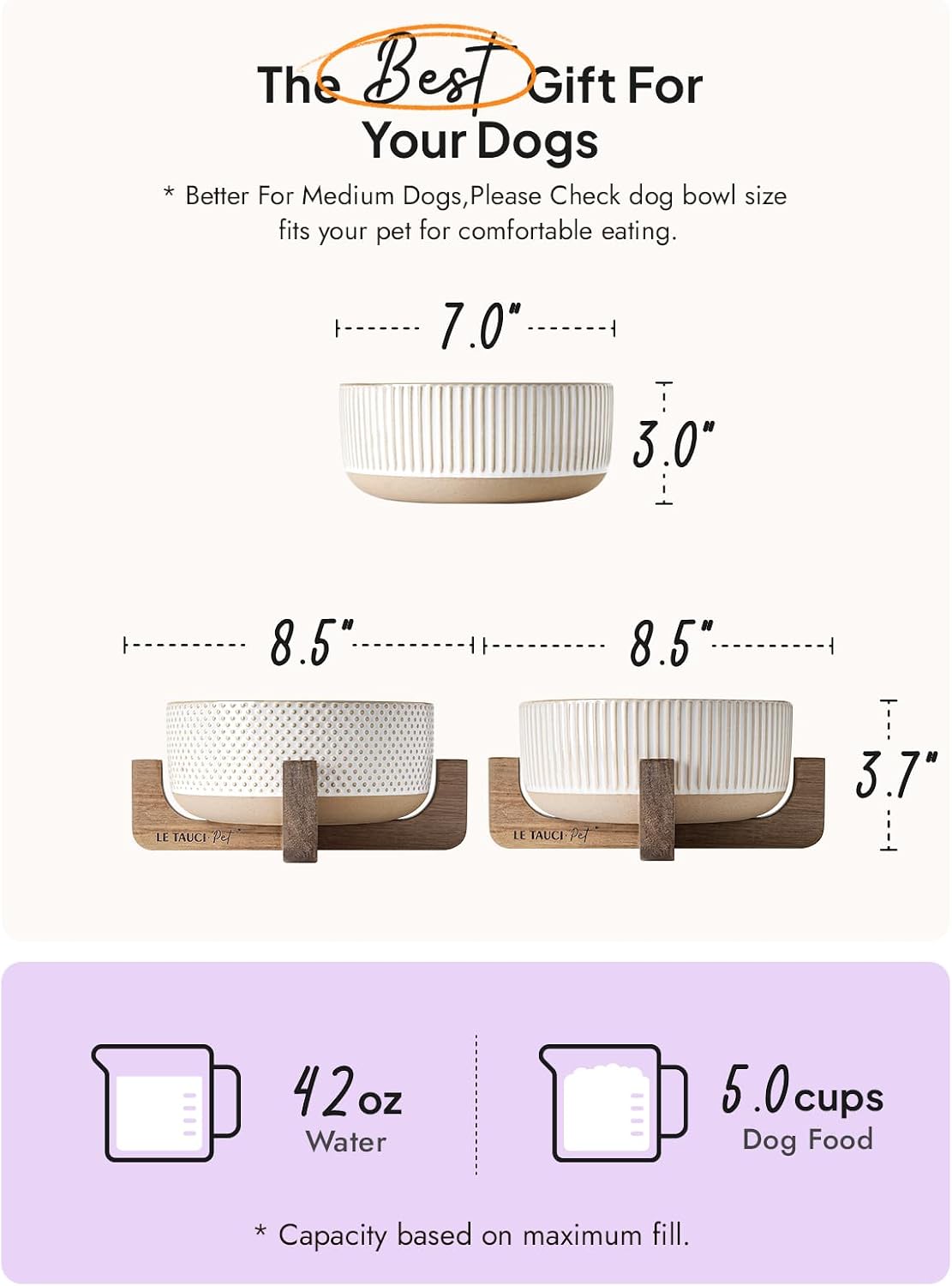 Ceramic Dog and Cat Bowl Set with Acacia Wood Stand - L-5 Cups / Lines+Dot - image 4