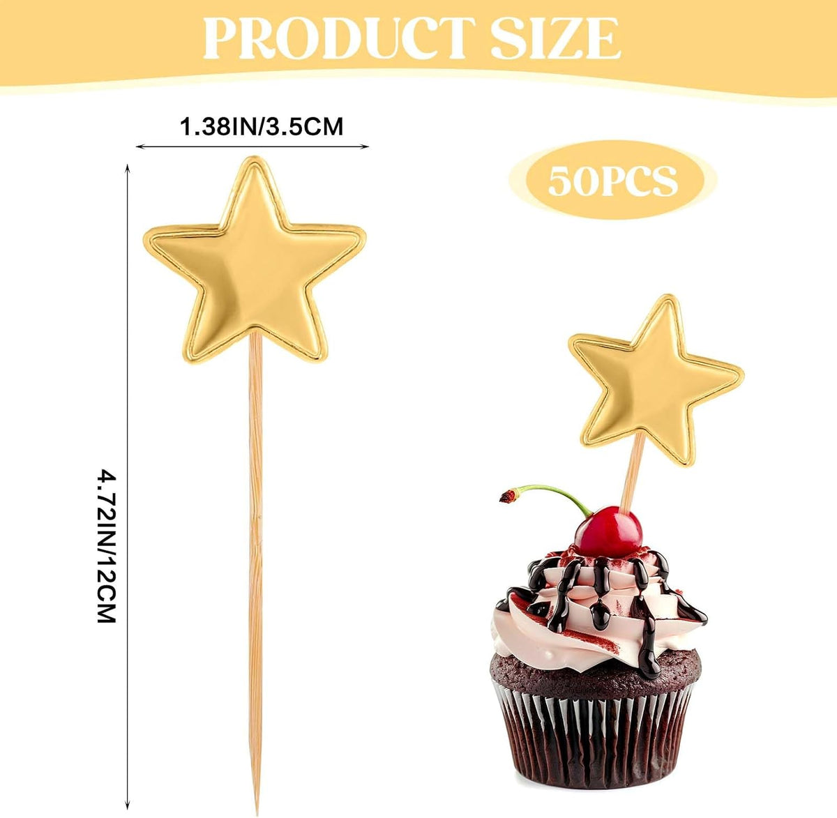 Thinp 50 gold star cupcake toppers on wooden sticks - view 2