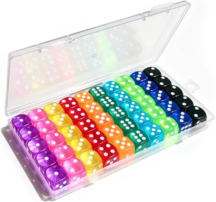 50 Pieces Dice Set, 14mm 6 Sided Colored Dice with Plastic Storage Box – Fun for Kids & Family