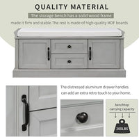 Shoe Storage Bench with 2 Drawers and 2 Cabinets, Pine Wood Shoe Bench with Removable Cushion for Living Room, Entryway 42.5" L x 15.9" W x 17.5" H (Gray Wash)