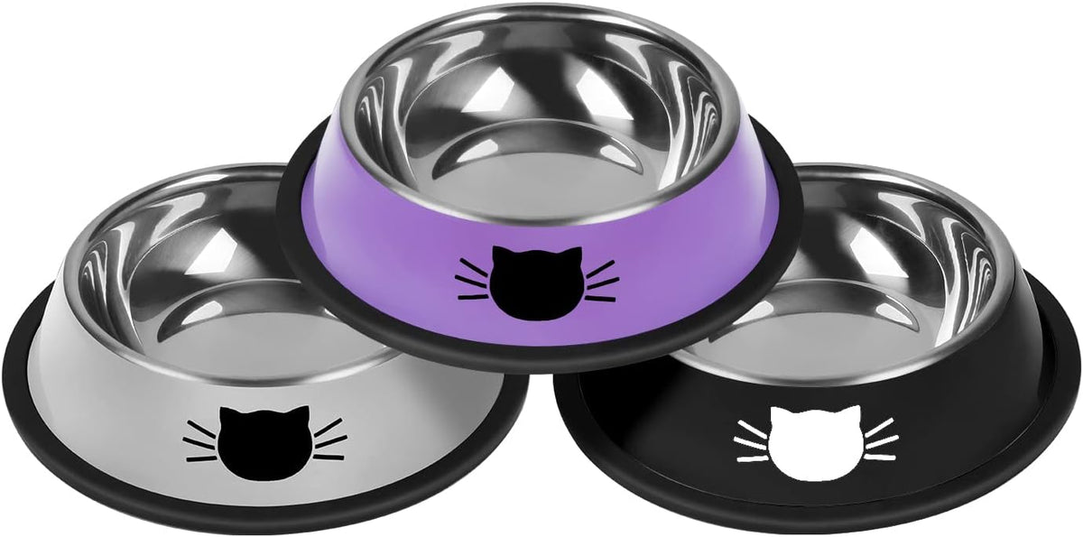 Serentive 2 Pcs Non-Slip Stainless Steel Small Cat Food Bowls - Silver, Purple,Black / 13 oz