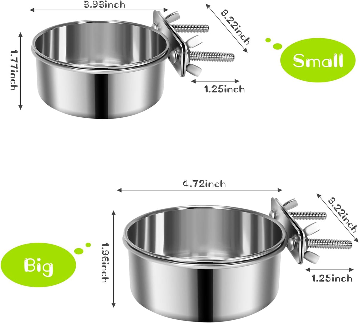 2 Pcs Stainless Steel Small Dog Crate Food Water Bowl - XS (19 & 12 OZ) / Silver - image 2