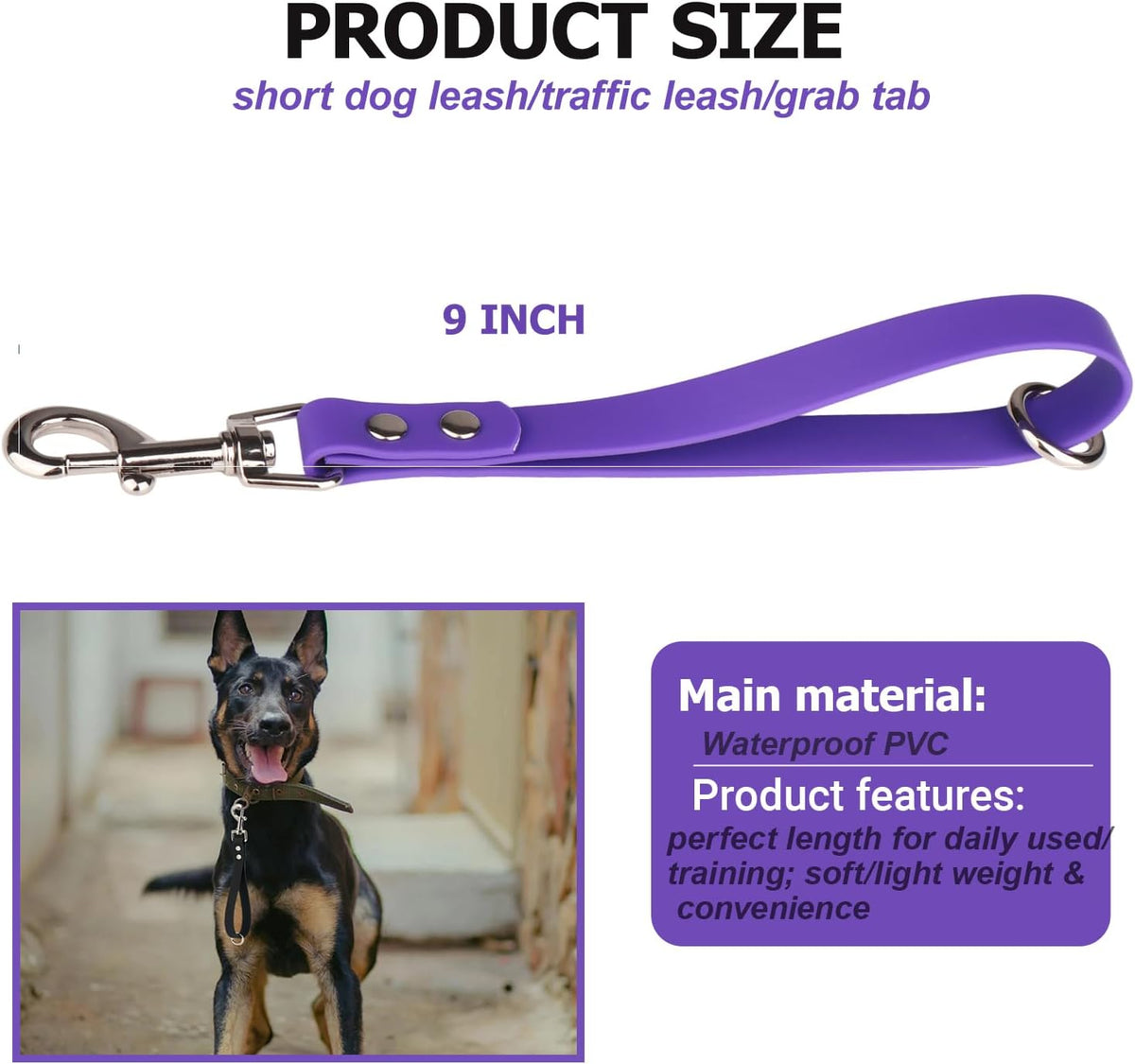 Short Dog Leash - 9 Inch Dogs Lead Grab Tab Heavy Duty Waterproof PVC Dog Training Traffic Leashes - 9'' / Violet - image 2