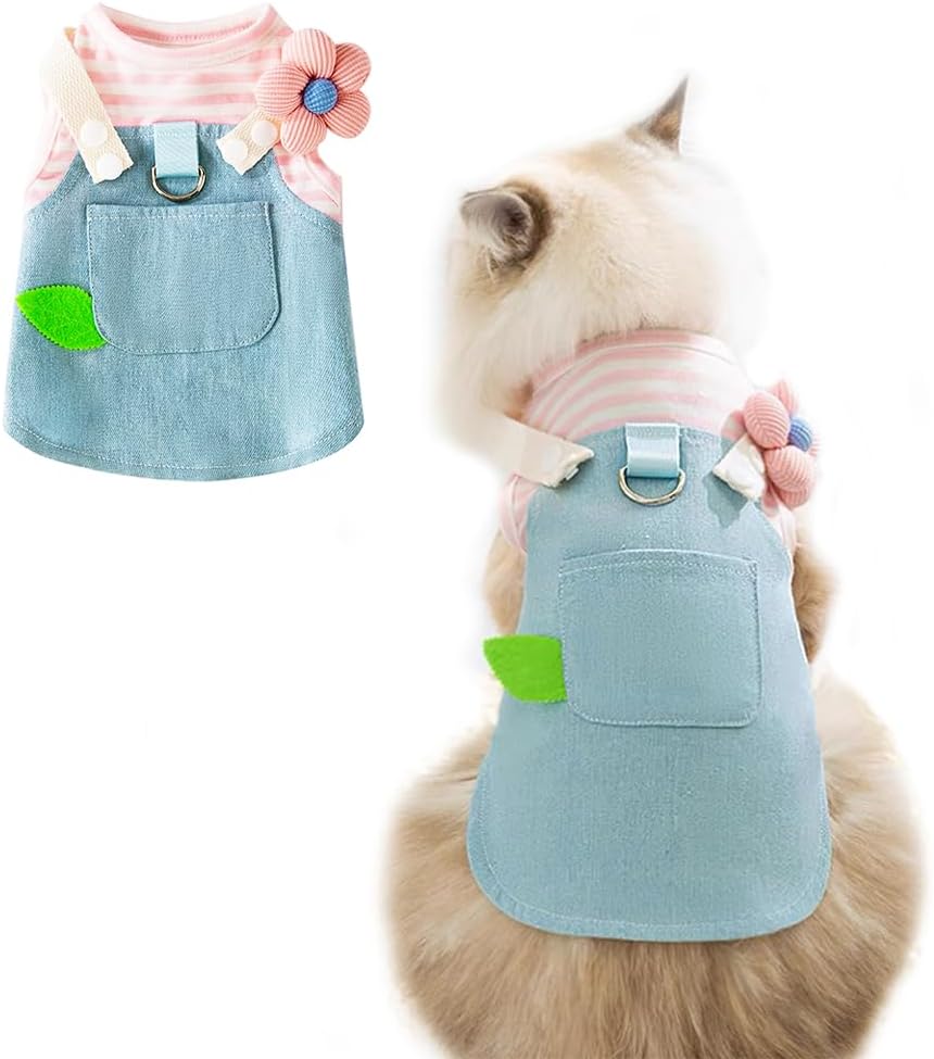 ANIAC Denim Dog Dresses for Small Dogs Puppy Girl Clothes with Leash - 3D Pink flowers / X-Small