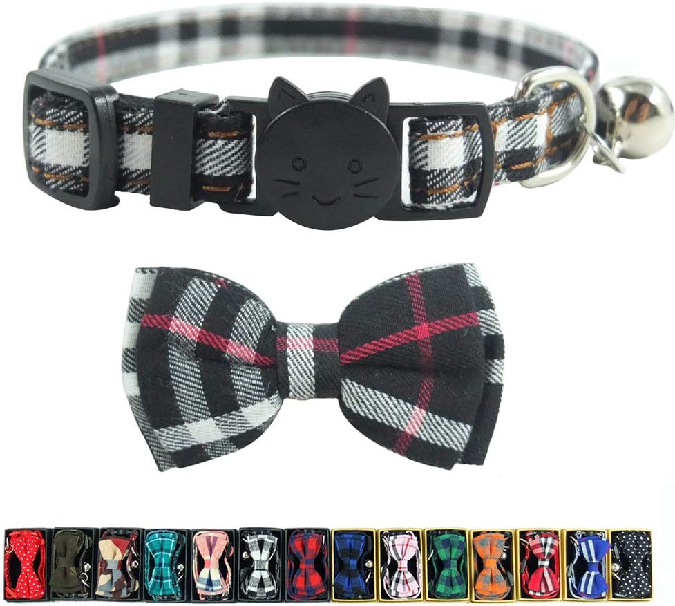 Cat Collar Breakaway with Bell and Bow Tie - Black Plaid 2