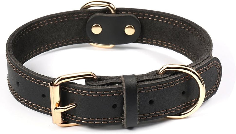 Leather Dog Collar Genuine Brown for Medium Dogs（M:1" Wide 15.2-19.2" - M: 1" Wide for 15.2"-19.2" Neck / Dual Stitch - Black