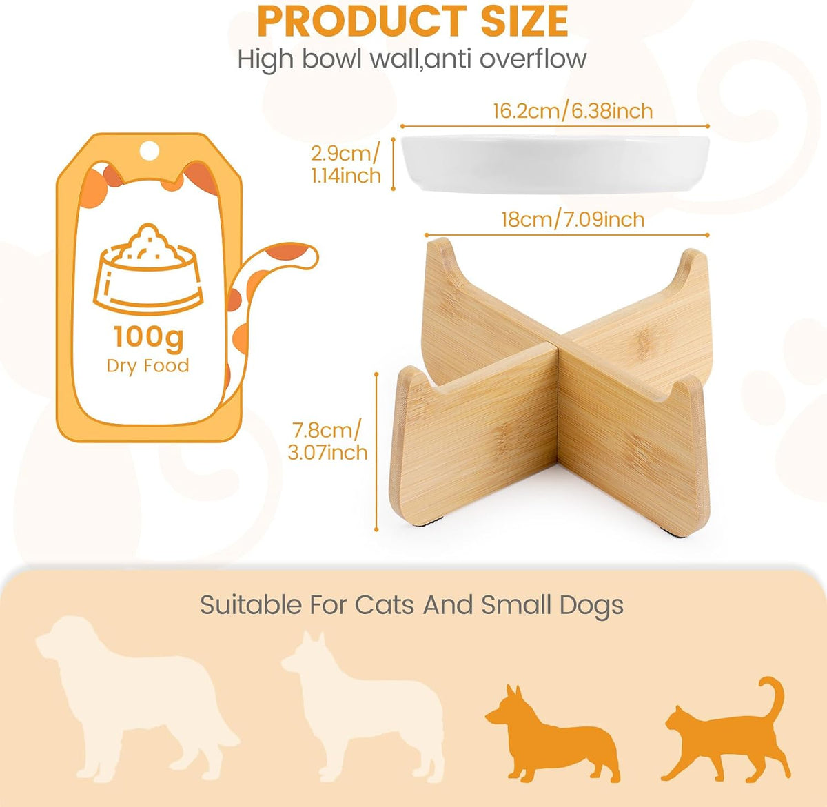 PETTOM Slow Feeder Cat Bowl Elevated Ceramic with Bamboo Stand - White Fish - image 3