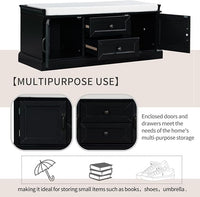 Storage Bench with 2 Drawers and 2 Cabinets, Pine Wood Shoe Bench with Removable Cushion for Living Room, Entryway 42.5" L x 15.9" W x 17.5" H (Black)