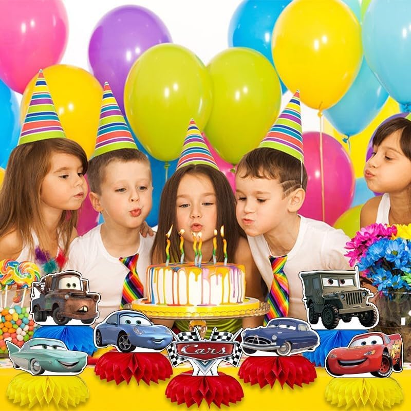 Tihufe 8 Cars party honeycomb centerpieces with double sided prints - view 3