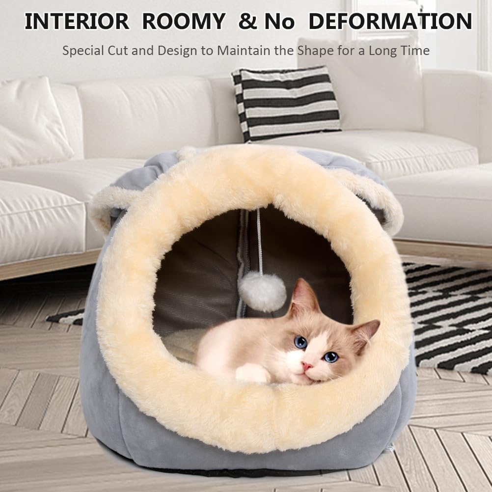 Cat Beds for Indoor Cats-Rabbit-Shaped Cat Cave Bed with Hanging Toy - Rabbite Gray / Rabbite / L - image 4
