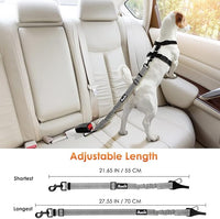 SlowTon 2 Pack Dog Seat Belt, 2 in 1 Attachment, Hook Latch Bar or Seatbelt Buckle with Elastic Nylon Bungee Buffer Adjustable Reflective Nylon Safety Belt Tether Connect to Dog Harness (2pack-GY)