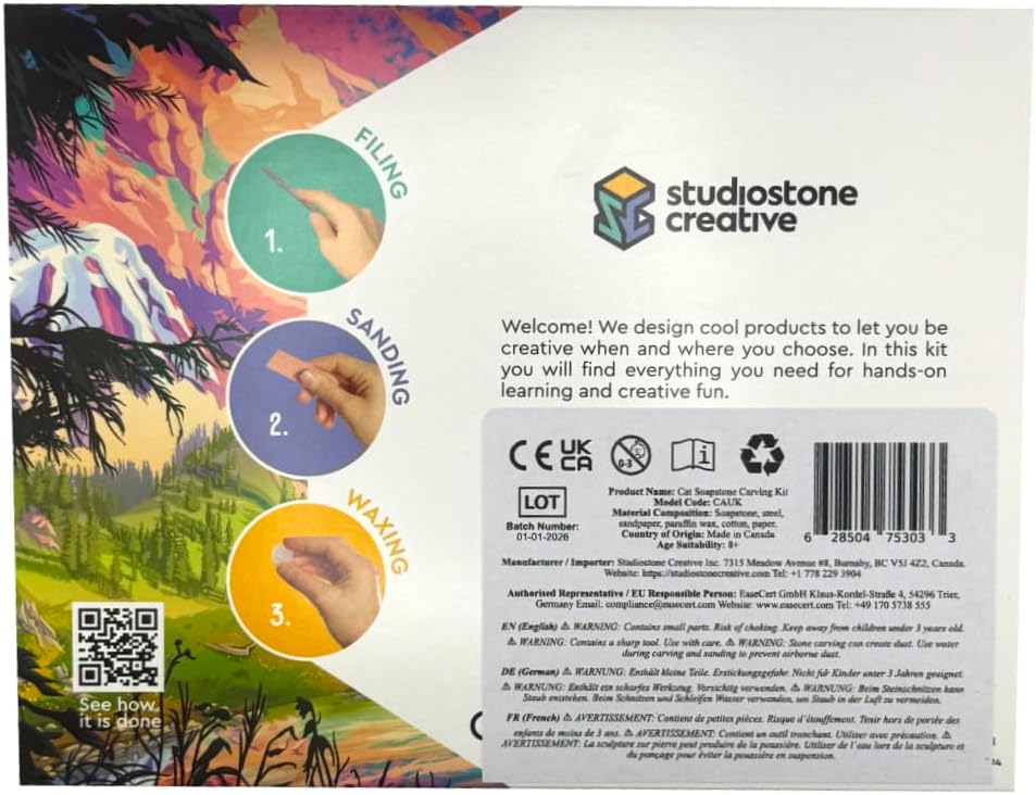 Studiostone Creative soapstone carving kit with pre-cut cat block, file and sandpaper - view 2