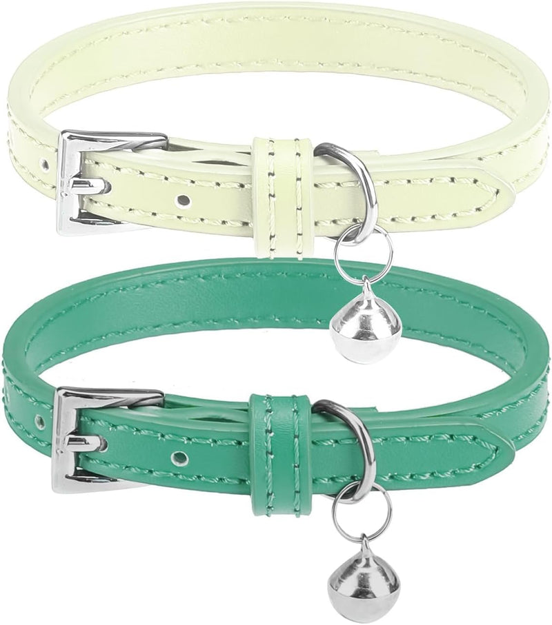 PUPTECK 2 PCS Soft Genuine Leather Cat Kitten Collar with Bells - Blue Green & Bubble Green