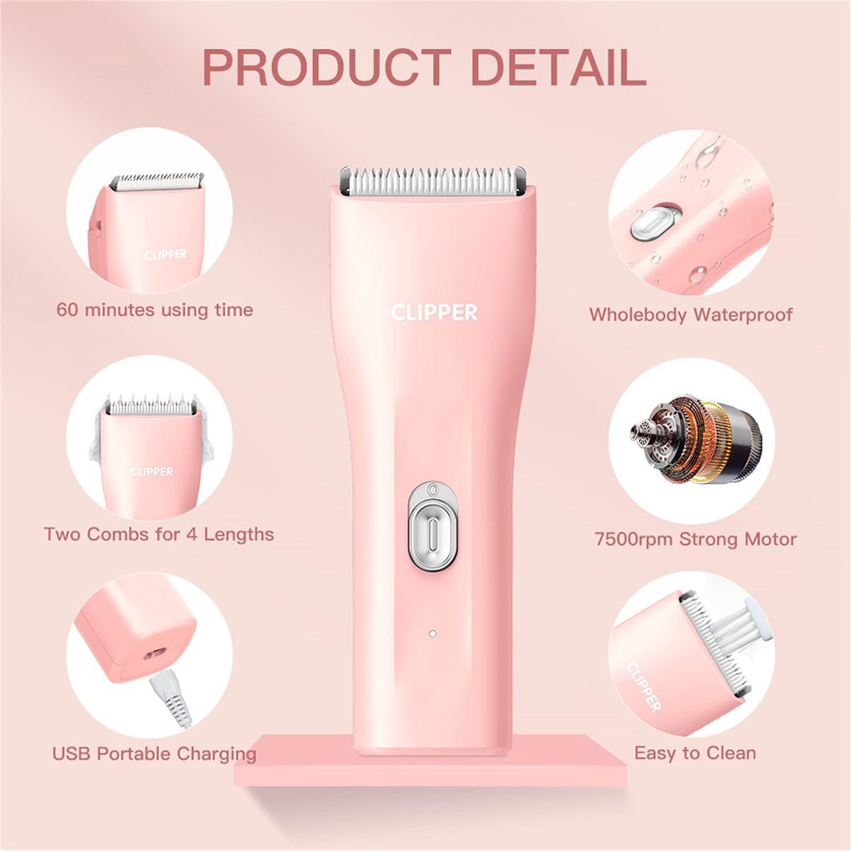 Professional Household Waterproof Low Noise Pet Hair Clippers - Ts006-pink - image 2