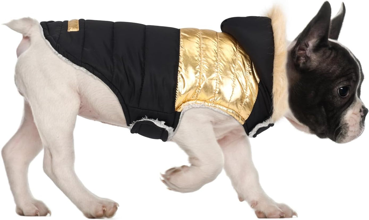 HDE Dog Puffer Jacket Fleece Lined Winter Coat & Harness Hole NVY - Medium / 90s Black and Gold Metallic