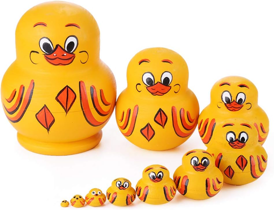 JACE wooden yellow duck nesting dolls, 10-piece hand-painted matryoshka set