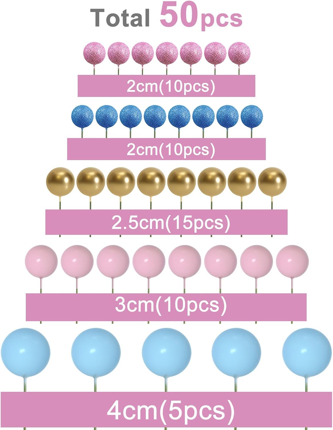 ASTARON 50 Pcs Ball Cake Topper Sticks Mini Balloons for Cake - Pink Blue Series - image 2