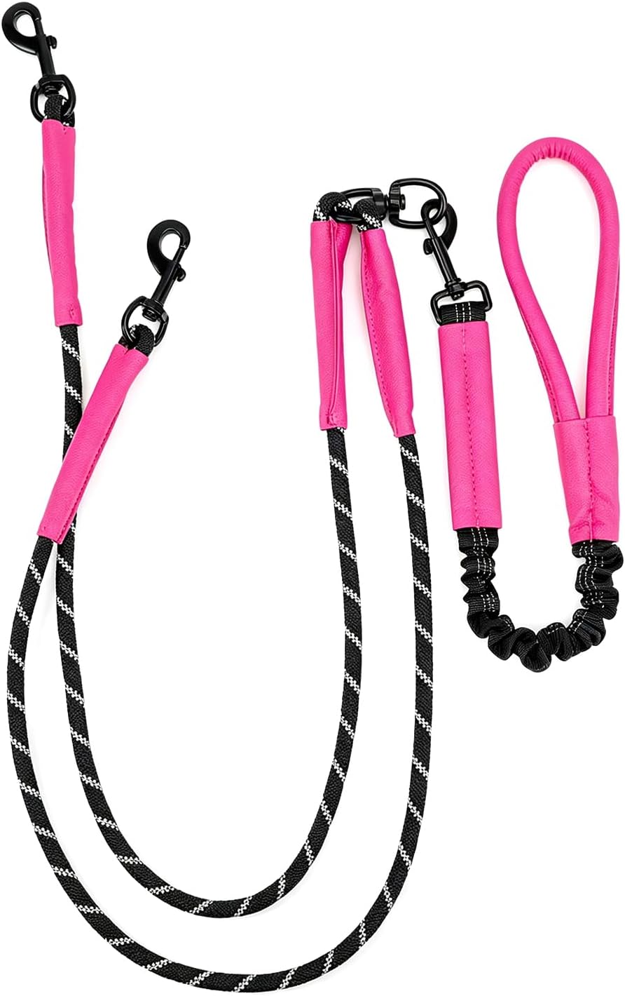 Pieviev Double Dog Leash for 2 Medium&Large Dogs, Longer Coupler - Hot Pink