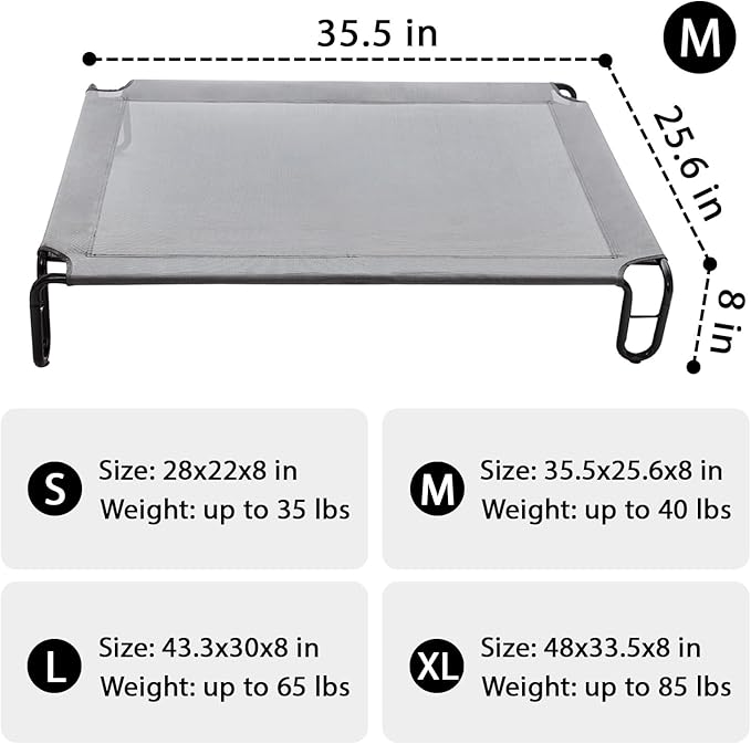 Pettycare Elevated Outdoor Dog Bed - Medium Dog Cot, Waterproof, Cooling, Non Slip, Up to 40 lbs, Grey
