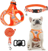 EXPAWLORER Plaid Small Dog Harness and Leash Set with AirTag Holder - Autumn Orange / Medium