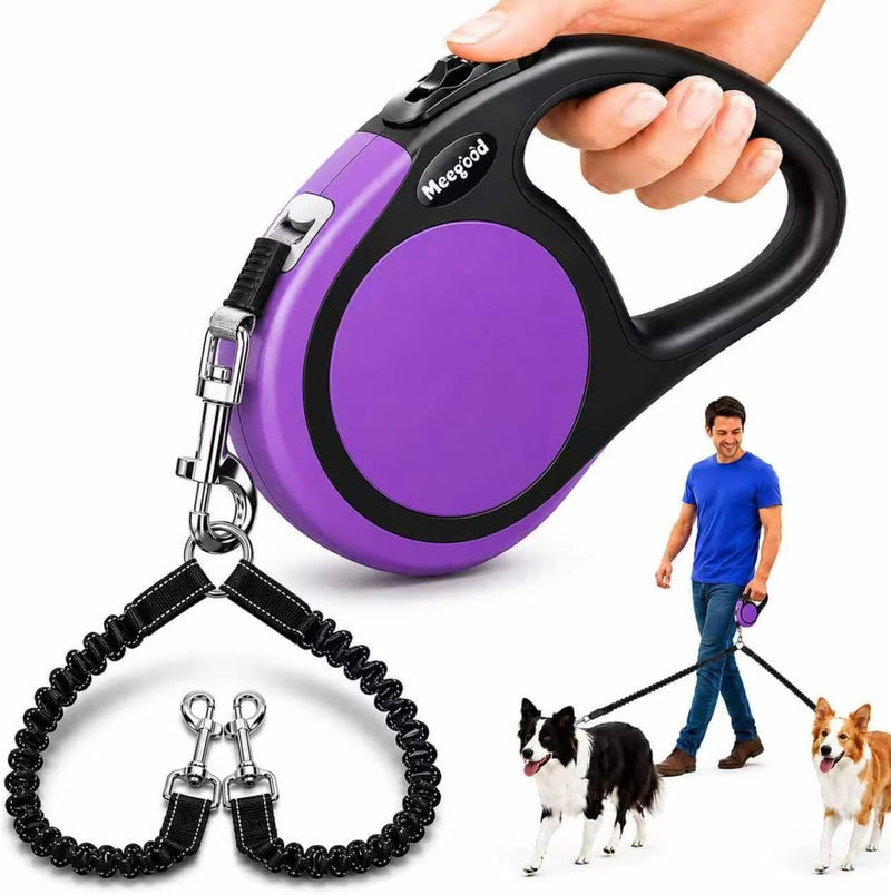 Double Retractable Dog Leash for Two Dogs Up to 115 lbs - Purple / Large