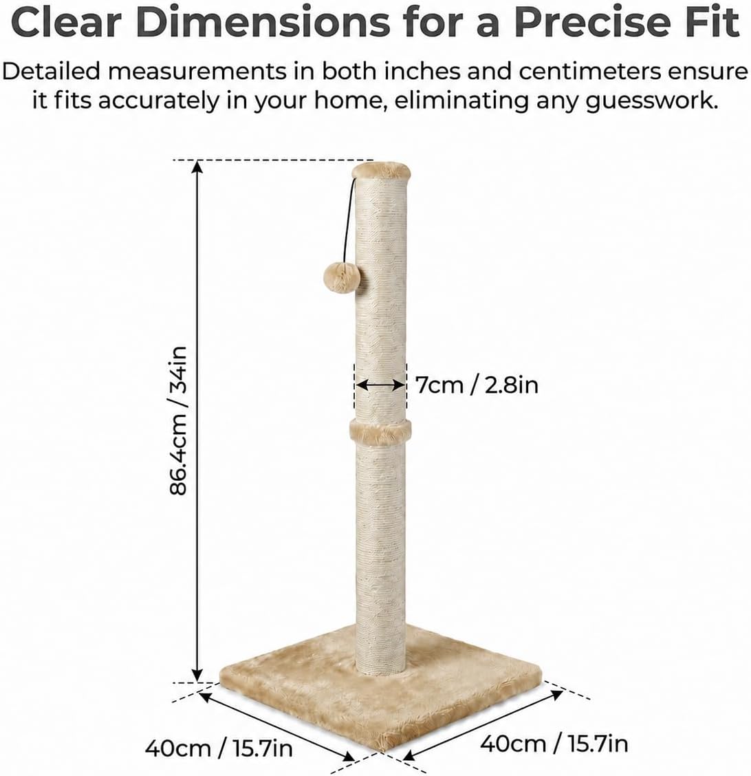 Dimaka Tall Cat Scratching Post Tree Scratcher with Sisal Rope - Light Brown / 34 inches for Large Cats - image 2