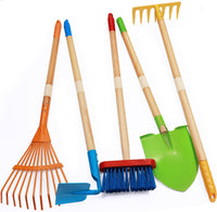 POMIKU 8 piece kids gardening tools set with rake, shovel, spade, hoe and broom