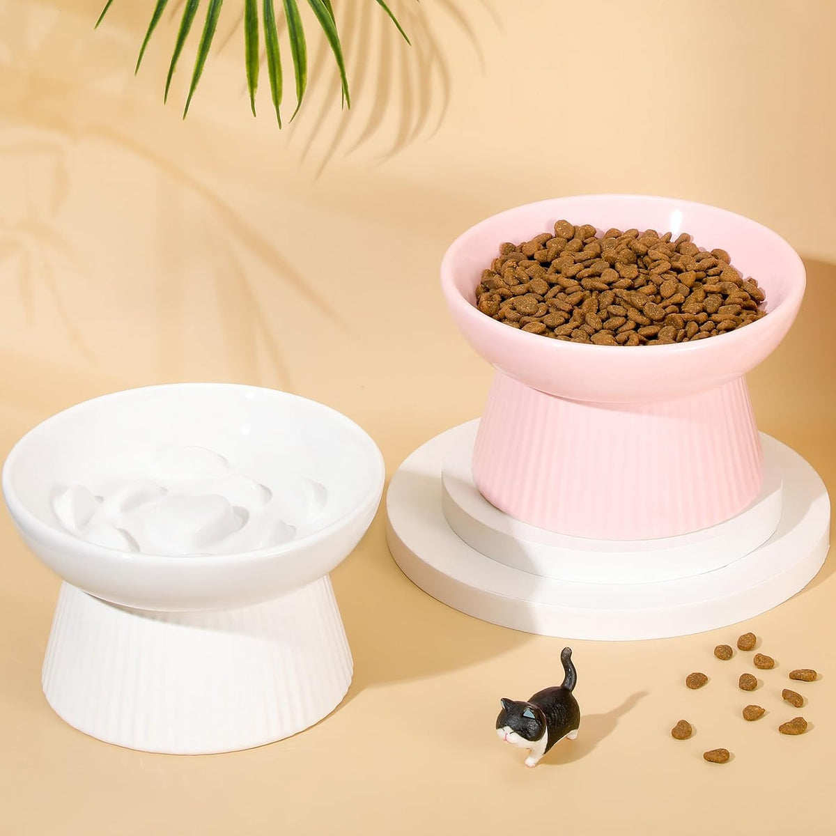 Layhit 2 Pack Raised Slow Feeder Cat Bowls Ceramic Elevated Cat Food - Pink, White - image 4