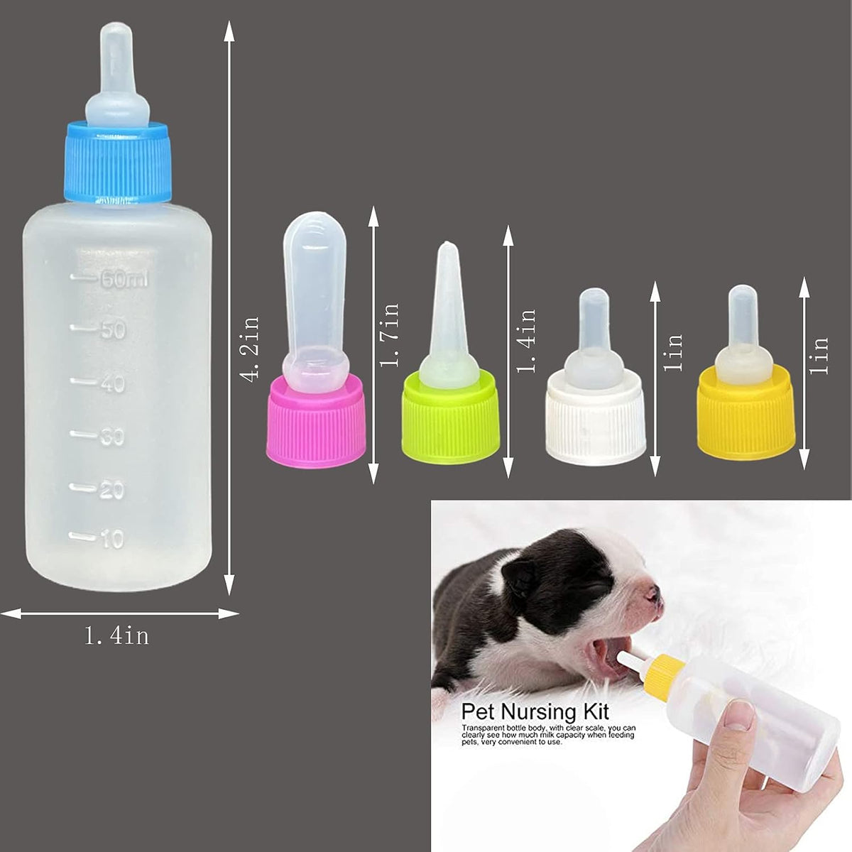 Pet nursing bottle kit with 2 squeeze bottles, 10 silicone nipples and brushes - view 2