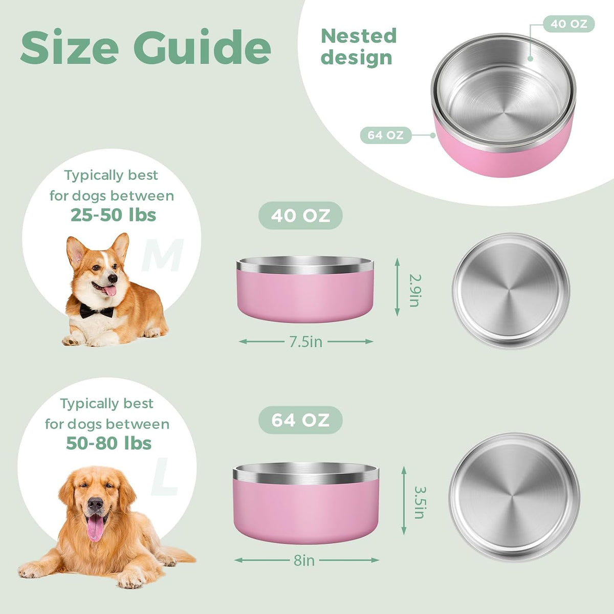 Dog Bowl, Stainless Stee Dog Water Bowl and Food Bowl - 64oz / Pink - image 4