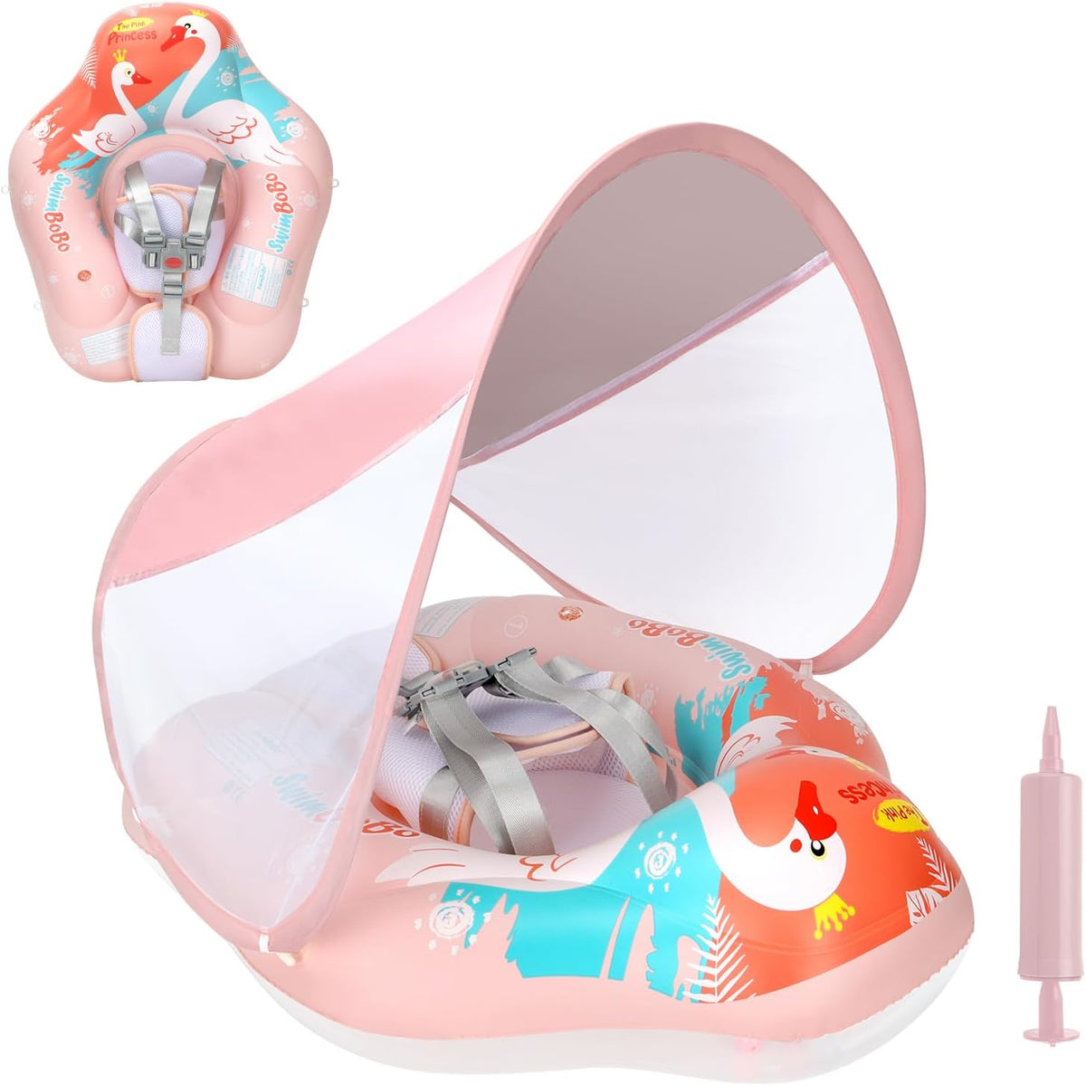 Swimbobo Inflatable Baby Swim Float with Sun Canopy Size Improved - Small / Pink Swan