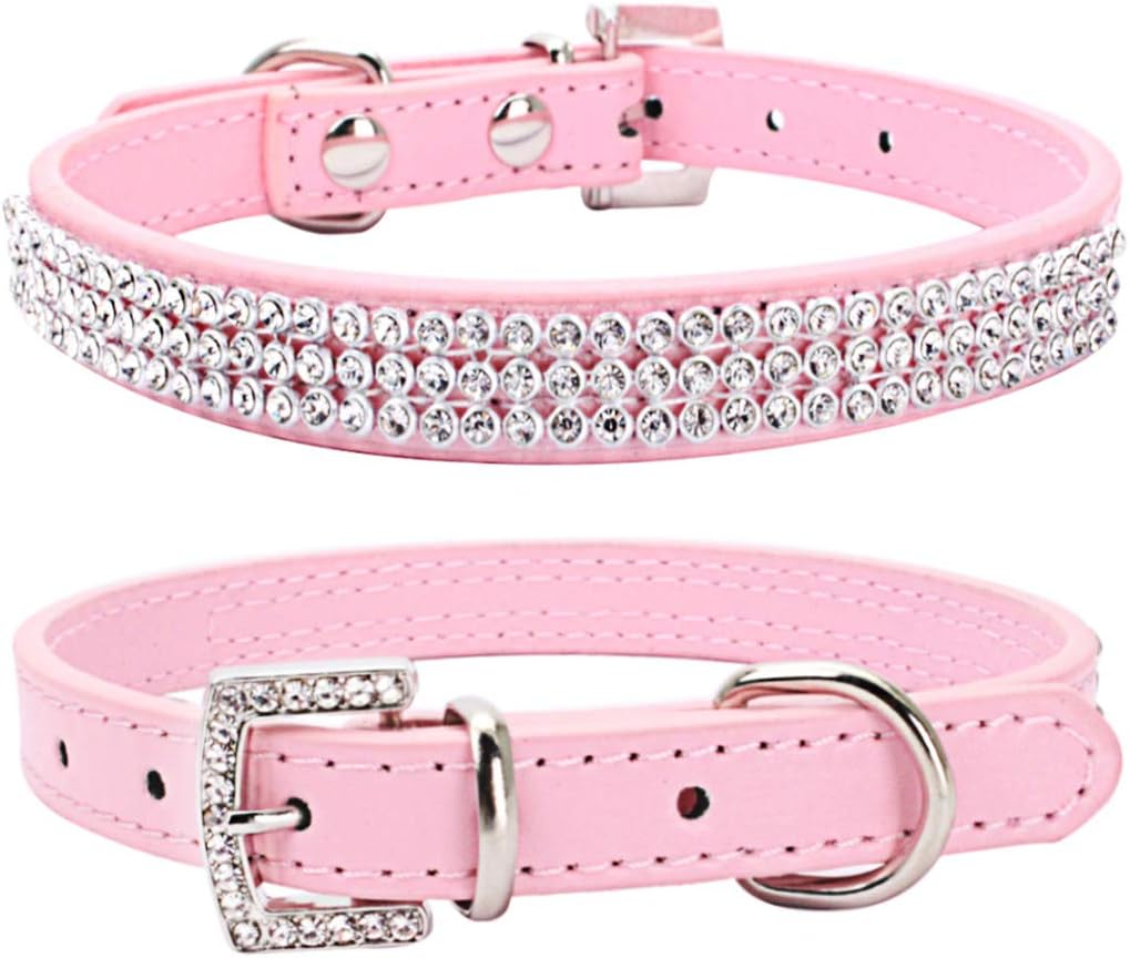 THAIN Basic Adjustable Dog Cat Collar Bling Rhinestones Shing - 10" - 13" / Pink
