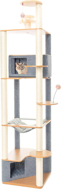 Ascentials - Grand Suite Cat Scratcher Playground - Tall Cat Tower Playground Structure, Sisal Scratching Areas, Grey Felt, Bamboo Veneer w/Linen & Velvet Surface Areas