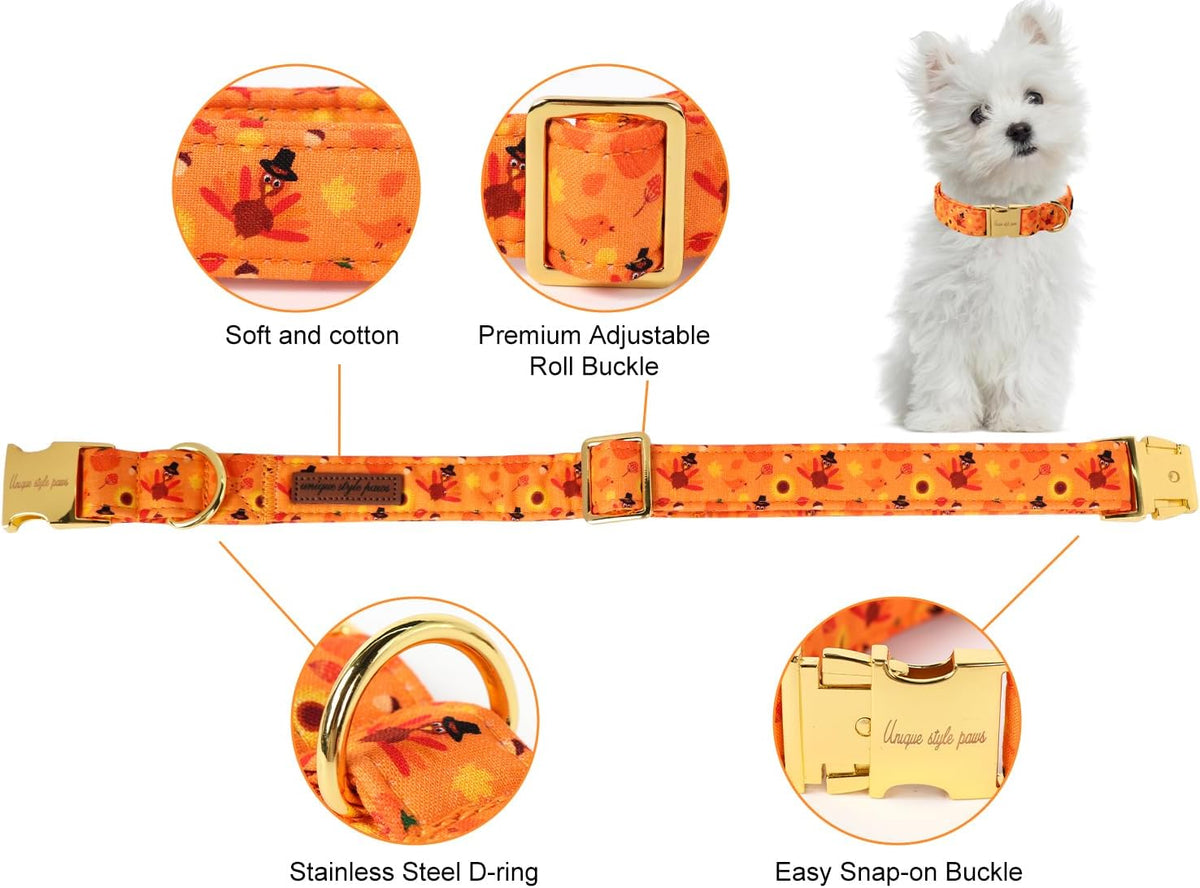 Dog Collar With Metal Buckle, Red Rose Flower Gift for Small - Turkey&pumpkin / L - image 2