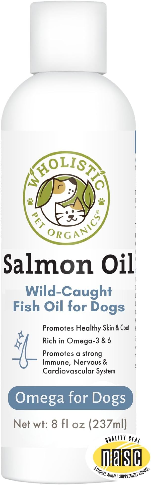 Wholistic Pet Organics Salmon Oil: Deep Sea Wild Alaskan Salmon Oil for Dogs and Cats - Natural Omega 3 Dog Fish Oil Supplement with EPA and DHA for Skin, Coat, Heart and Nervous System Health