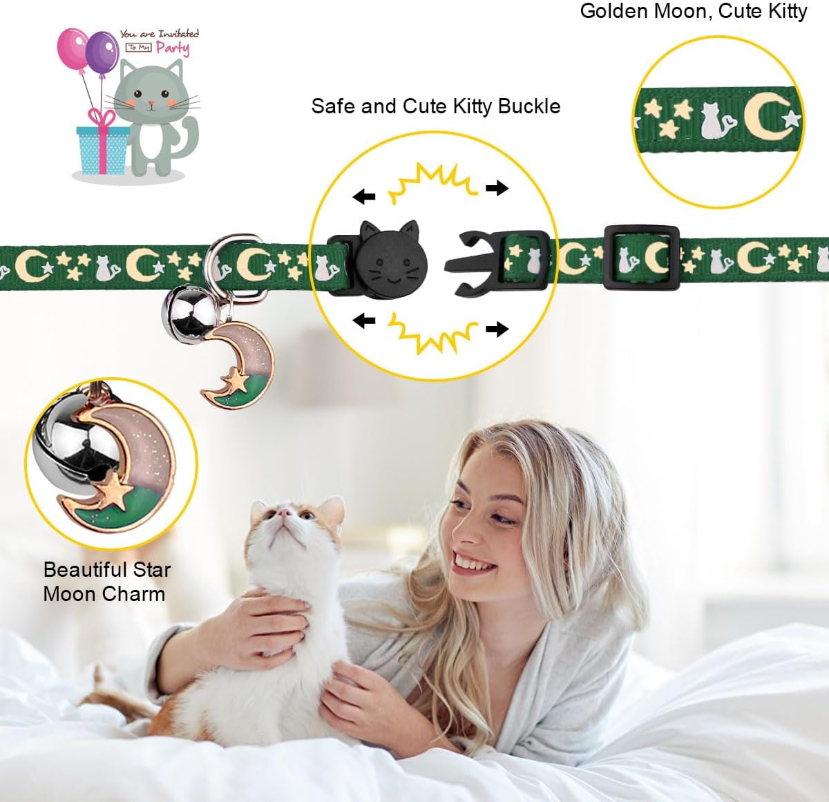 Baeuppit 2PCS Breakaway Cat Collars with Bell Moons Stars Cute Kitty - Neck 6.9-10.7 in / Deep Green&Black - image 3