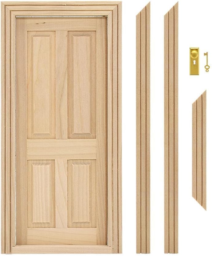 iLAND 1:12 scale unfinished wooden dollhouse door with 3D acrylic windowpane and gold handle - view 5