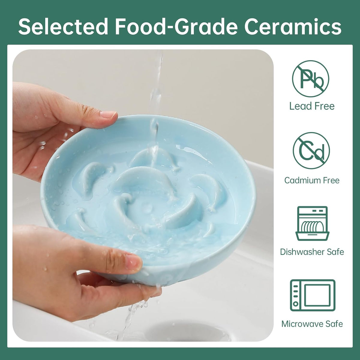2 Pack Ceramic Cat Slow Feeder Bowl Set, 6.3" Wide - White and Blue - image 2