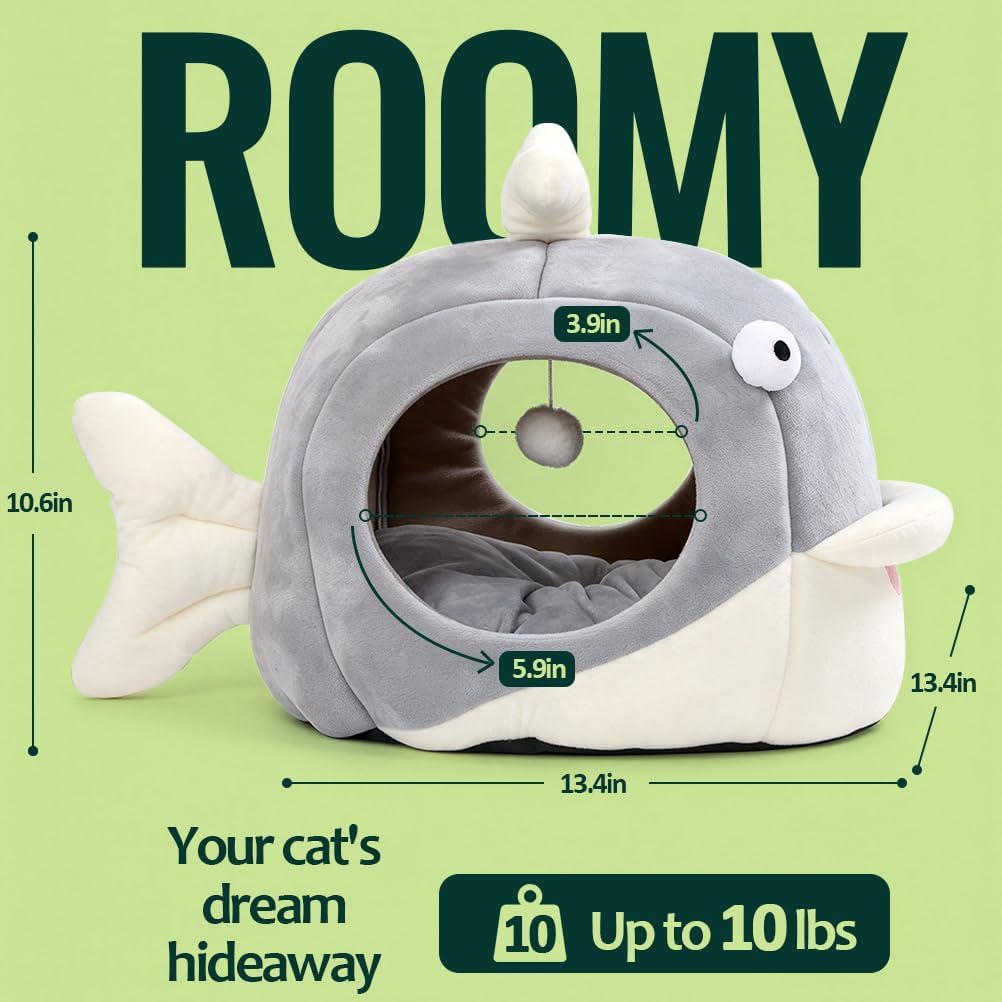Cat Beds for Indoor Cats-Rabbit-Shaped Cat Cave Bed with Hanging Toy - Dolphin Gray / Dolphin / M - image 4